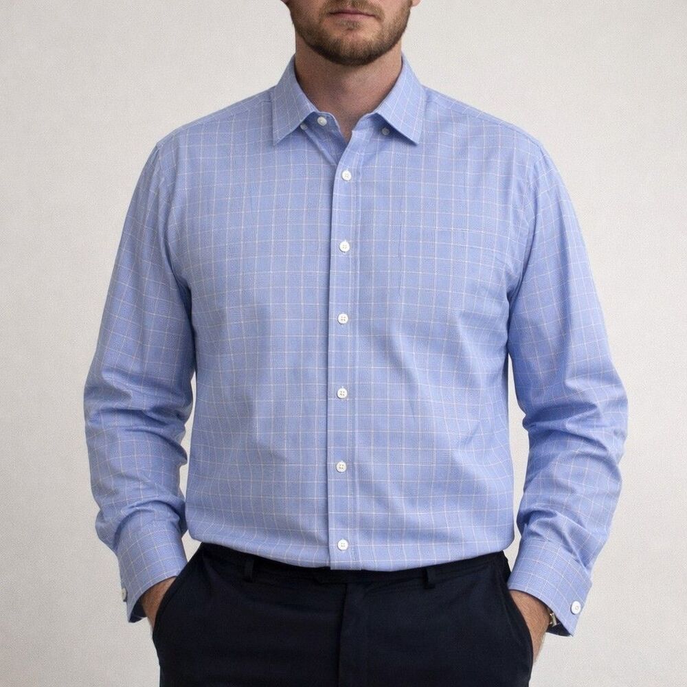 Charles Tyrwhitt Shirt Mens 17.5 / 36 Blue Check Non Iron French Cuff XL